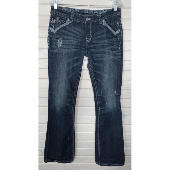 MEK DENIM Sz 29 32 St. Louis Easy Bootcut Dark Wash Denim Jeans Distressed EUC - Picture 1 of 9
